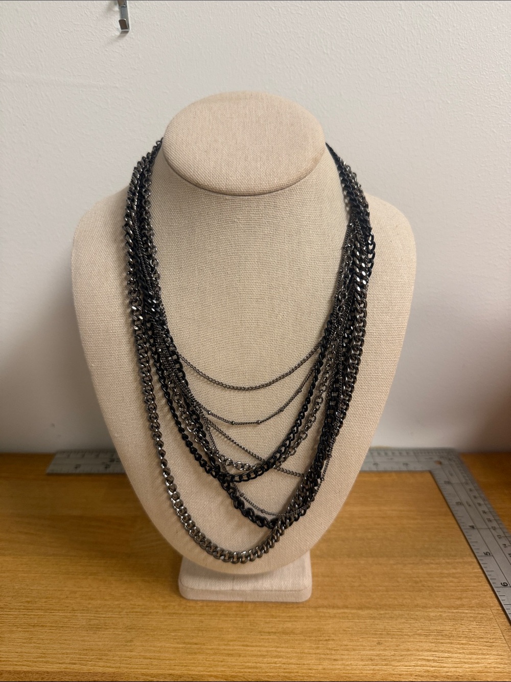 Bebe gunmetal grey and black metal layered chain statement necklace